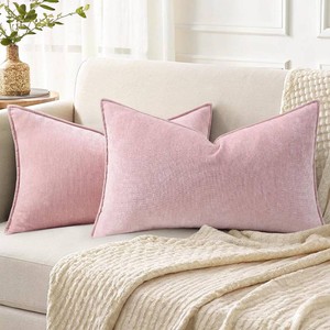decorUhome Summer Couch Throw Pillow Covers 12x20 Set of 2, Decorative Soft Velvet Modern Cozy Chenille Lumbar Pillow Cases with Elegant Design for Sofa Bed Living Room Home Decor, Blush Pink