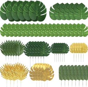 50 Pieces 10 Kinds Artificial Palm Leaves Golden Tropical Leaves with Stems Jungle Leaves Decorations for Hawaiian Luau Party Beach Baby Shower Wedding Birthday