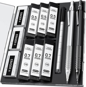Four Candies 2PCS 0.5mm & 0.7 mm Metal Mechanical Pencils Set, 360PCS Lead Refills, 12 Erasers, Cool Lead Pencil with Case for School Writing, Sketching, Technical Work, Art Projects, Black & Silver