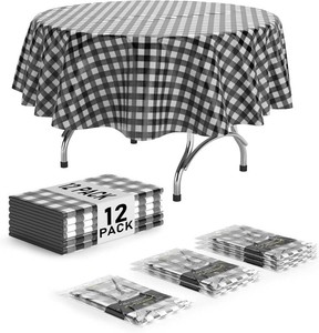 Exquisite Picnic Table Cover - 12 Pack Round Premium Black & White Checkered BBQ Table Cover - Gingham Checkerboard Disposable Plastic Tablecloth 84 inch