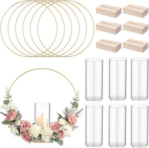 Leinuosen 6 Pack Metal Floral Hoop Centerpiece with Stand & Glass Vases Wedding Table Decorations for DIY Christmas Baby Shower Birthday Party Decor 12 Inch Reusable Decorative Hoop Ring Set