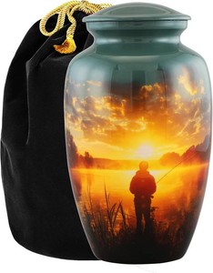 Large Fishing Cremation Urn for Human Ashes Adult   Handmade Funeral Urn for Men & Women, 200 Cubic Inch Memorial Urn, Decorative Burial Urn with Velvet Bag for Loved One (Non-Customize, Adult)