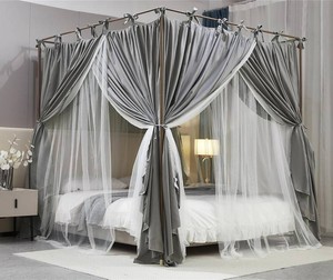 AIOOO 4 Corners Post Princess Curtain Bed Canopy Double Layer Cozy Mosquito Net Mesh and Cloth for Girls Adults Bedroom Decoration (Double-GreyWhite, 59 W82 L82H(Queen))