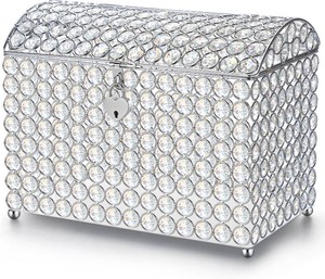 Nitial Crystal Wedding Card Box with Heart Lock 11in Wedding Money Box Treasure Chest Silver Bead Card Receiving Memory Storage for Reception Brithday Graduation Baby Shower Party (Elegant Style)