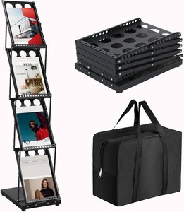 Brochure Display Stand Foldable Magazine Rack, Metal Brochure Holder Literature Rack with Carrying Bag, 4 Pockets Literature Stand for Exhibition Trade Show and Office Retail Store, Black