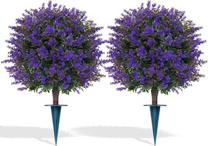 Grooy Artificial Lavender Topiary Ball for Outdoors, Set of 2 Boxwood Plant Tree with Spike, Fake Shrubs UV Resistant Faux Plants for Indoor Outdoor Decor