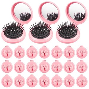 24 Pcs Foldable Travel Mirror Hair Brushes, Pink Coquette Bow Mini Hair Brushes, Round Compact Massage Scalp Comb, Preppy Detangler Brush for Purse Travel Team Gifts Trendy Stuff Party Favors