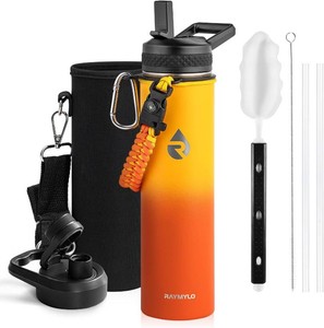 RAYMYLO Insulated Water Bottle 24 oz, Triple Wall Vacuum Stainless Steel (Cold for 24Hrs, Hot for 12Hrs), Leak Proof & Non-BPA, Modern Water Flask Jug with Paracord Handle & Straw Spout Lids