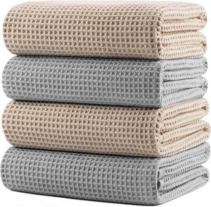 POLYTE 430 GSM Microfiber Oversize Quick Dry Lint Free Bath Towel, 60 x 30 in, 4 Pack (Waffle Weave)