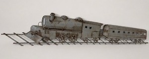 Vintage Metal Wall Sculpture of Steam Locomotive and Passenger Car