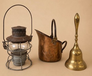 Primitive Country Farmhouse Decor Copper Pitcher, Brass Bell and M&S Railroad Lantern