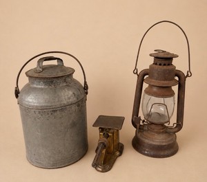 Vintage Primitive Farmhouse Decor LOT Galvanized Milk Can, Egg Scale and Lantern
