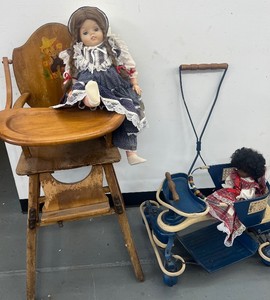 Vintage Wooden High Chair and Metal Baby Buggy