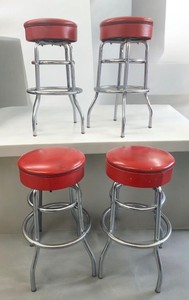 Set of 4 Red Vinyl and Chrome Bar Stools