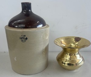 5-gallon Western Stoneware Jug and Brass Spitoon