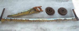 Two Farmhouse Scene Handpainted Saws and Cultivator discs