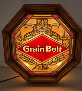 Grain Belt Beer Octagon Light Up Sign Working 1970s Stained Glass Look