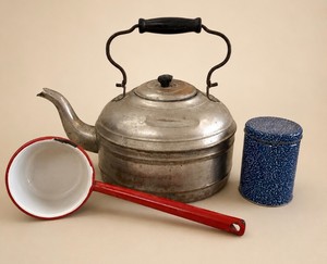 Rustic Kitchen LOT Metal Kettle, Enamelware Ladle and Speckled Tin Canister