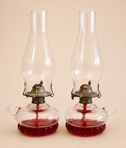 Pair of Vintage Pressed Glass Oil Lamps Chamber Design With Handles