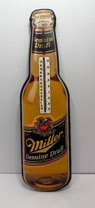 Vintage Miller Geniune Draft Beer Bottle Shaped Thermometer Sign