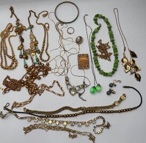 Lot of Vintage Jewelry Miriam Haskell Style Turquoise and Gilt Gold Necklace, Carved Green Bead Necklace