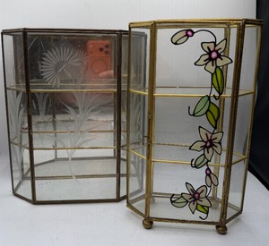 LOT of Two Brass and Glass Curio Trinket Display Cabinets and Shelves