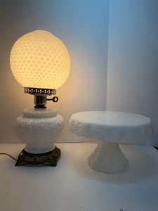 Milk Glass Hobnail Lamp and Cake Plate