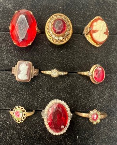 Lot of 9 Vintage Style Costume Jewelry Rings Ruby Stones Cameos
