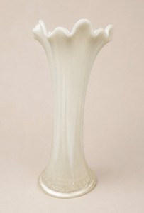 Vintage Antique Glass Ribbed Vase Ruffled Trim 10 Tall Possibly Northwoods Opalescent
