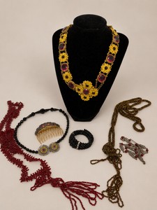 Vintage Jewelry Antique Seed Bead Lariat Belts, Czech Style Choker and Micro Mosaic Earrings