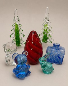 Seven-Piece LOT  Art Glass Decor Red Swirl Art Glass Paperweight, Art Glass Christmas Trees and More