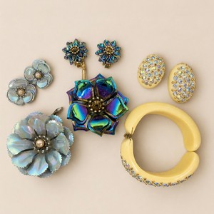 Vintage Jewelry Sets Ivory Bakelite Celluloid Rhinestone Cuff and Earrings Brooches and Earrings Sets