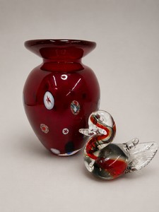 Blown Glass Vase and Art Glass Duck