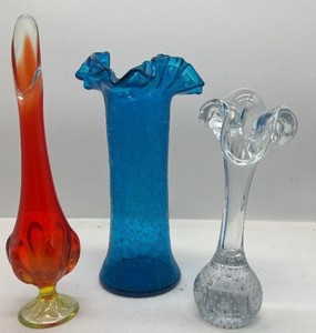 Viking Glass 12 Swung Vase Persimmon (orangered amberina), Blue and Clear Art Glass Vases