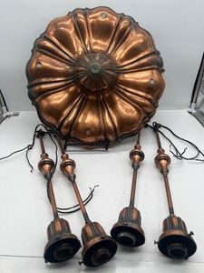 Vintage Hanging Light Fixture Copper Pan Chandelier Art Deco 1920-1930s