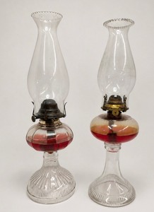 Lot of 2 Vintage Antique Kerosene Lamps with Chimneys