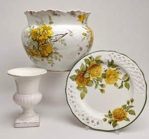 Yellow Floral Planter and Plate Decor Lot Vintage