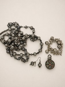 Moroccoan Berber or Kabyle Box Trinket Box Pill Box and Silver Tone Bead Jewelry