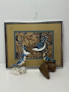 Blue Bird Blue Jay Decor Lot Framed Art and Jimmy Lovejoy Carved Bird
