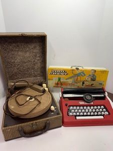 Vintage Webcor Pixie Phonograph, Tom Thumb Toy Typewriter, Americo Tool Chest Case