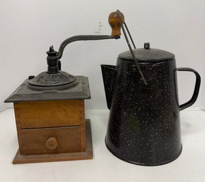 Antique Coffee Mill and Enamelware Coffee Pot