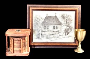 LBR - Home Decor Mixed Lot Framed Signed Drawing Brass Goblet Wooden Coasters