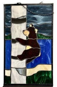 UB1 - Stained Glass Bear Panel Climbing Birch Tree