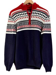 UB1 - Quarter Zip Sweater - Izod Fair Isle Red Navy Blue Size Large