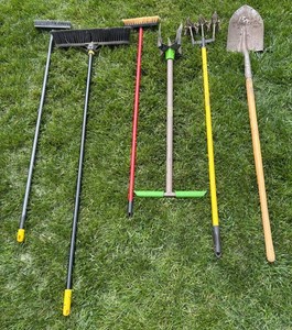 S - Outdoor Tools Mixed Lot - Push Brooms, Shovel, Cultivator & Garden Fork