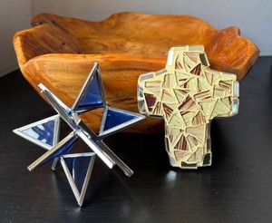 Stained Glass Crosses & Wooden Bowl Decor Mixed Lot