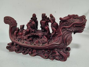 Chinese Carved Red Resin Dragon Boat