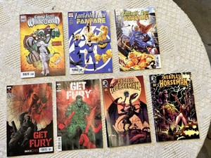 Marvel and Dark Horse comic books including titles like Get Fury, Emma Frost White Queen, Fantastic Four Fanfare, and Headless Horseman comics