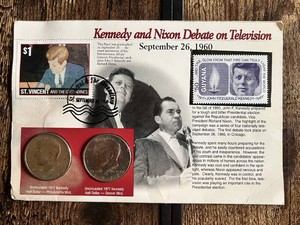 Kennedy and Nixon Debate Commemorative Set with Stamps and Coins includes two uncirculated 1977 Kennedy Half Dollars from the Philadelphia and Denver Mints