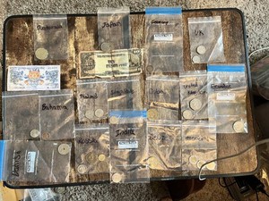 Collection of Foreign Coins and Currency Notes including Danish Coin, Bahama Coin, Japanese Occupation Note